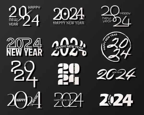 大套2024新年快乐标志文字设计 圣诞海报系列2024新年快乐 带有黑色标识的矢量图解 用于日记 笔记本 — 图库矢量图片