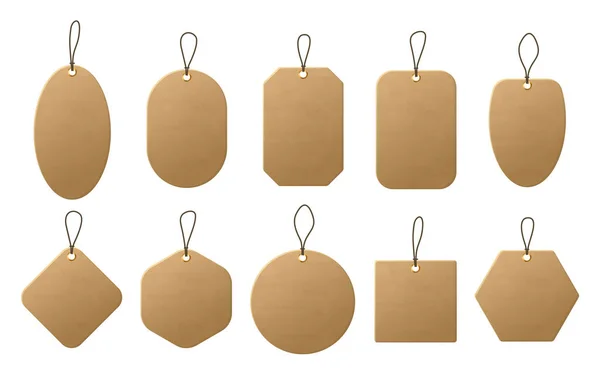 现实的工艺纸箱纸价标签的形状各不相同 用绳子做购物纸标签 销售标签和标签 — 图库矢量图片