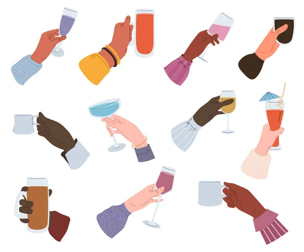 Ποτά Χέρια Έτοιμα Άνθρωποι Που Κρατούν Ένα Ποτήρι Κρασί Σαμπάνια — Διανυσματικό Αρχείο