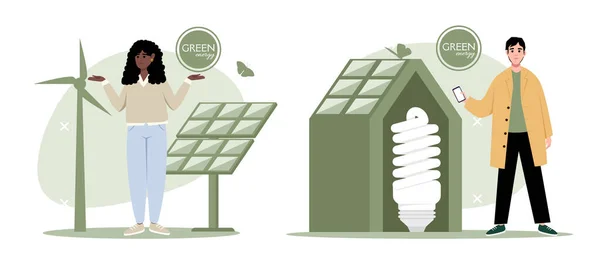 Groene Energie Illustratie Set Karakters Verminderen Het Energieverbruik Thuis Energiebesparend — Stockvector