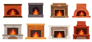 Fireplace color flat icons set. Fireplaces and hearths design elements set. Collection of various fireplaces. Home fireplace collection