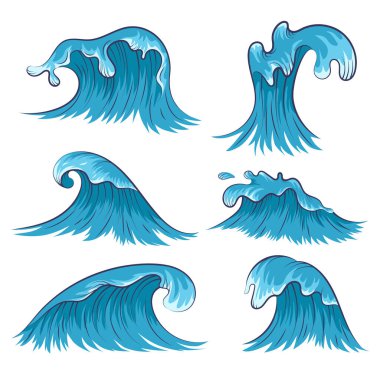 Vektör deniz dalgaları koleksiyonu. Karikatür tarzında izole edilmiş okyanus suyu sıçraması.