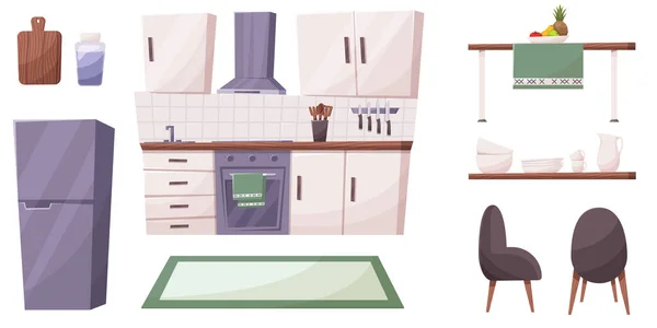Keukenmeubels Cartoon Vector Interieur Illustratie Koelkast Tafel Moderne Kookgerei Voor — Stockvector