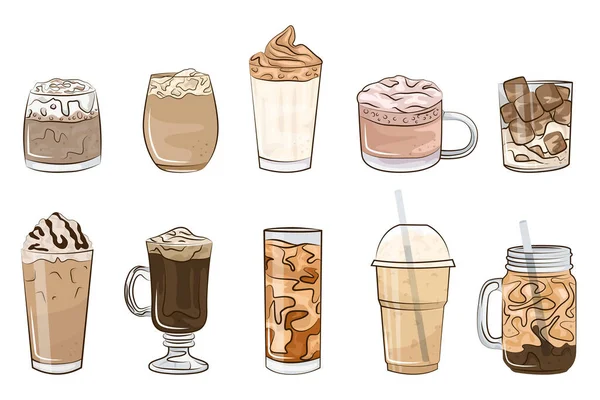 Heißes Und Kaltes Kaffeegetränk Verschiedene Arten Von Getränken Flache Vektordarstellung — Stockvektor