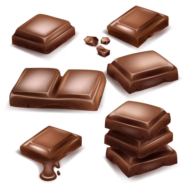 Chocolate Pieces Shavings Realistic Vector Set Horizontal Vertical Splash Chocolate — Stock Vector