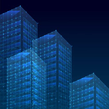 3D çokgen şehir, gelecek, gelecekçi konsept, metropol. Çokgen. Sancak arkaplanı için soyut dijital yüksek teknoloji şehir tasarımı