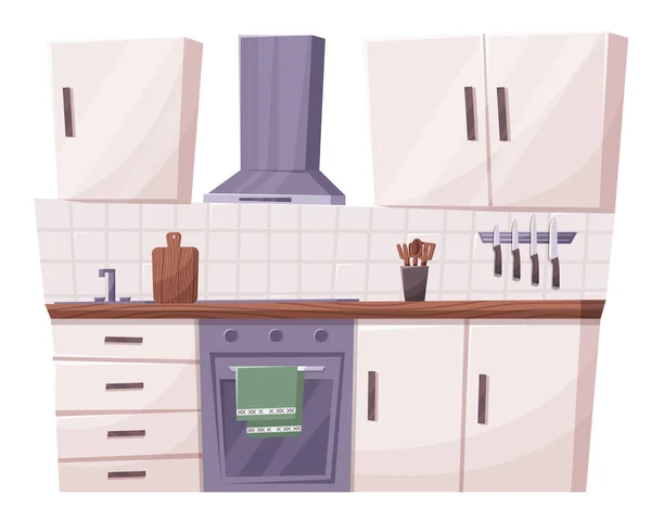 Küchenmöbel Cartoon Vektor Interieur Illustration Kühlschrank Tisch Und Moderne Kochutensilien — Stockvektor