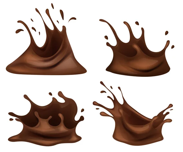 Chocolate Pieces Shavings Realistic Vector Set Horizontal Vertical Splash Chocolate — Stock Vector