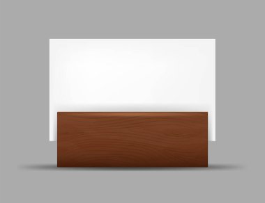 Tahta tutacağa beyaz boş yer kartları. Gerçekçi Detaylı 3d Boş Beyaz Yer Kartları. Model, Menü Çerçeve, Broşür Tasarım Şablonu.