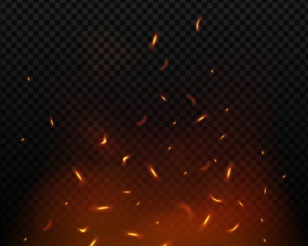 火の飛んでいる火花の背景 たき火の炎のベクトル現実的な熱効果は 透明背景に隔離された — ストックベクタ