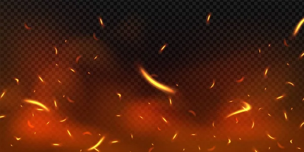 火の飛んでいる火花の背景 たき火の炎のベクトル現実的な熱効果は 透明背景に隔離された — ストックベクタ