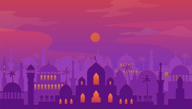 Arap şehri manzarası. Günbatımı şehir manzarası. Eski Arap şehir manzarası. Günbatımı şehir manzarası.