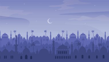 Gece çöl manzarasında antik Arap şehri. Geleneksel pazar manzaralı Müslüman köyü. Cami ve ev siluetleri. Eski Arap şehirleri