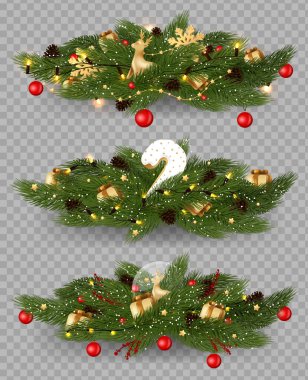 Noel süsleri, Noel çelenkleri, noktalı çiçekler, kırmızı böğürtlenler, koniler ve Noel çanları..