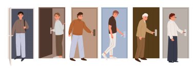 İnsanlar girip çıkıyor. İnsanlar kapıları açıyor. Sahneden çıkılıyor. Evden ayrılıyorum, ofise geri dönüyorum. Kapıları açın.