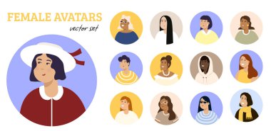 Modern daire avatarları ayarlandı. Karakterler, portreler. Kadınlar ve erkekler düz stil kullanır. Vektör illüstrasyonu EPS10