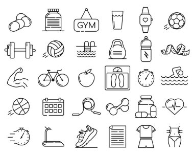 Fitness aktiviteleri ince çizgi simgeleri. Sağlıklı yaşam tarzı, ağırlık eğitimi, vücut bakımı ve egzersiz malzemesi ikonları içerir. Spor ve spor