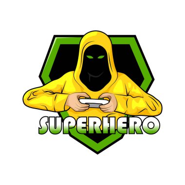 Oyuncu maskot logosu tasarım vektörü. Kapüşonlu süveter vektör resimli adamlar. Rozet, amblem ve tişört baskısı için kavram stili. Esport takımı için oyuncu illüstrasyonu.