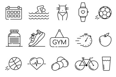 Fitness aktiviteleri ince çizgi simgeleri. Sağlıklı yaşam tarzı, ağırlık eğitimi, vücut bakımı ve egzersiz malzemesi ikonları içerir. Spor ve spor