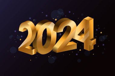 Mutlu yıllar 2024, 3D numara. Konfetili altın sayılar