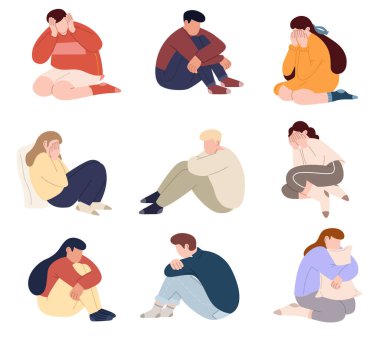 Psikolojik sorunları olan üzgün genç karakterler. Stres psikoterapi zihinsel sağlık depresyonu