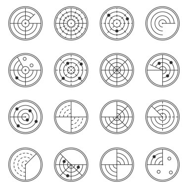 Radar simgeleri. Radar ekran simgeleri kümesi. Sinyal eşmerkezli çemberler. Beyaz arkaplanda sonar ses dalgaları izole edildi.