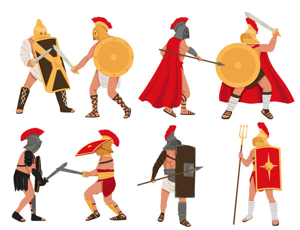 Gladiator characters. People in armor. Warriors with different weapons. Sparta coliseum fight character, ancient roman army characters