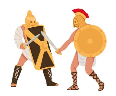 Gladyatör karakterleri. Zırhlı insanlar. Farklı silahları olan savaşçılar. Sparta Kolezyumu dövüş karakteri, antik Roma ordusu karakterleri