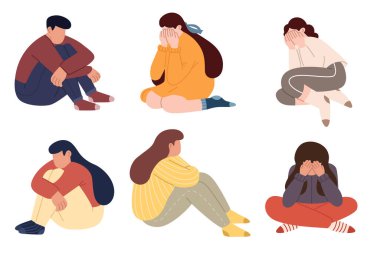 Stresli durumdaki gençler ya da gençlerin psikolojik sorunları. Depresyondaki ağlayan mutsuz gençler. Yorgun genç insanlar. Düz grafik