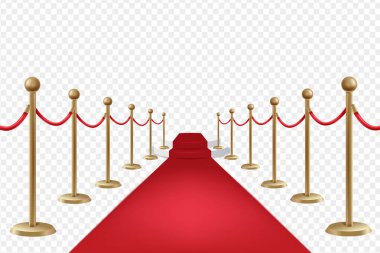 Kırmızı halı, kırmızı halı, altın halat ve altın bariyerler. Bariyer Halat Lüks Vip Konsepti. Vektör illüstrasyonu EPS10
