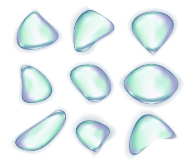 Üç boyutlu soyut sıvı şekiller. 3D holografik sıvı şekil, yanardöner krom sıvı baloncuk seti. Şişmiş metal nesneler. Gerçekçi y2k holografik sıvı vektör elementi