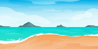 Çizgi film yaz plajı. Cennet doğa tatili, okyanus ya da deniz kıyısı. Palmiye ağaçları, altın kum ve mavi sudaki kayalarla tropik plaj manzarası.