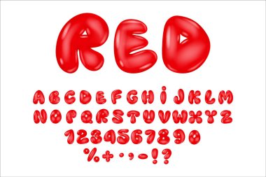 Parlak 3D kırmızı kabarcık yazı tipi Y2K tarzında. Parlak plastik efektli modaya uygun yazı tipi. Alfabe, Sayılar, Noktalama İşaretleri, Döviz İşaretleri, Çıkartmalar. Balondan şişirilmiş yazı tipleri.