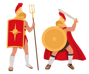 Gladyatör karakterleri. Zırhlı insanlar. Farklı silahları olan savaşçılar. Sparta Kolezyumu dövüş karakteri, antik Roma ordusu karakterleri