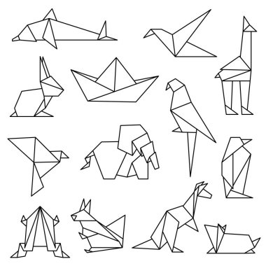 Düz stil origami ile bembeyaz hayvanlar. Japon origami kağıt hayvan şekli geometrik illüstrasyon