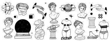 Soyut Yunan antik heykeli ve gerçeküstü geometrik şekiller. Bir sürü çıkartma, iğne, yamalar modaya uygun psikedelik çizgi film tarzında. modern heykeller ve kozmik uzay elementleri