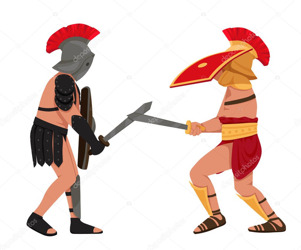 Gladiator characters. People in armor. Warriors with different weapons. Sparta coliseum fight character, ancient roman army characters