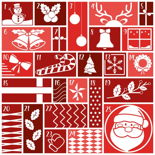 Calendario Dell Avvento Rosso Con Diversi Oggetti Natalizi Illustrazione Vettoriale — Vettoriale Stock