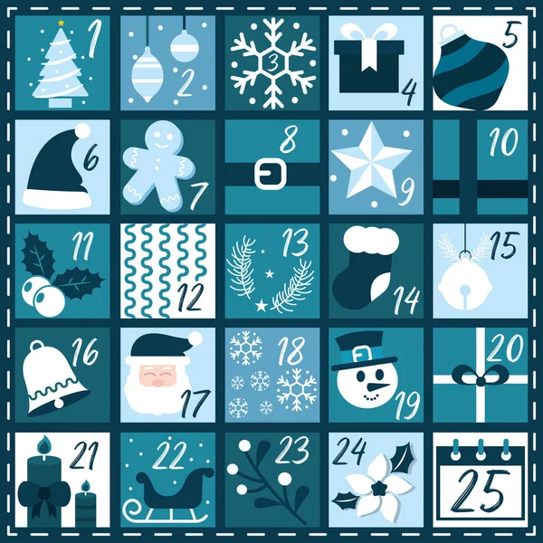 Calendario Adviento Monocromático Azul Con Objetos Tradicionales Ilustración Vectorial — Vector de stock