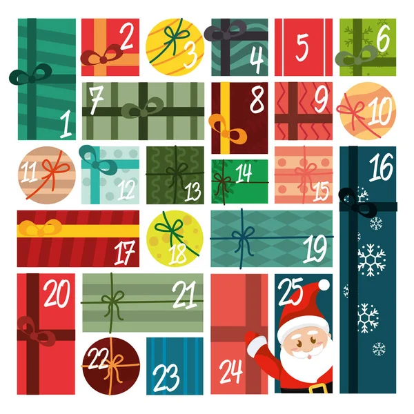 Різдвяний Календар Пригод Загорнутими Кольоровими Подарунками Векторні Ілюстрації — стоковий вектор