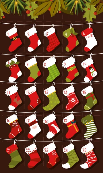 Calendario Adviento Navidad Con Diferentes Calcetines Invierno Ilustración Vectorial — Vector de stock