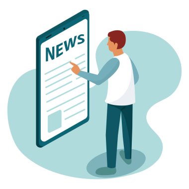 Erkek karakter büyük cep telefonu vektör illüstrasyonunda haberleri okuyor