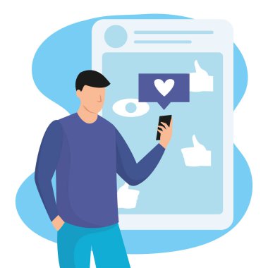 Erkek karakter cep telefonu vektör illüstrasyonuyla etkileşimde