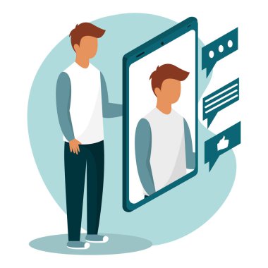 Erkek karakter büyük cep telefonu vektör illüstrasyonuyla etkileşimde