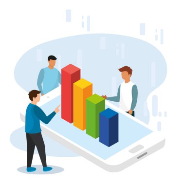 Cep telefonu vektör illüstrasyonunda iş grafiği olan bir grup erkek karakter