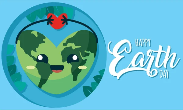 Earth Day Poster Planet Cartoon Kawaii Vector Illustration — Stock Vector
