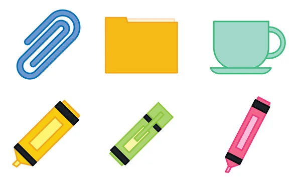 Conjunto Diferentes Iconos Materiales Oficina Colores Ilustración Vectorial — Vector de stock