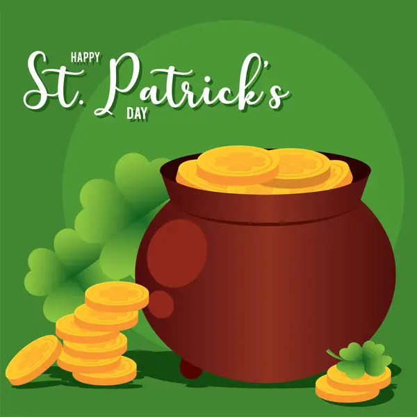 Cauldron Golden Coins Clovers Saint Patrick Day Poster Vector Illustration — Stock Vector
