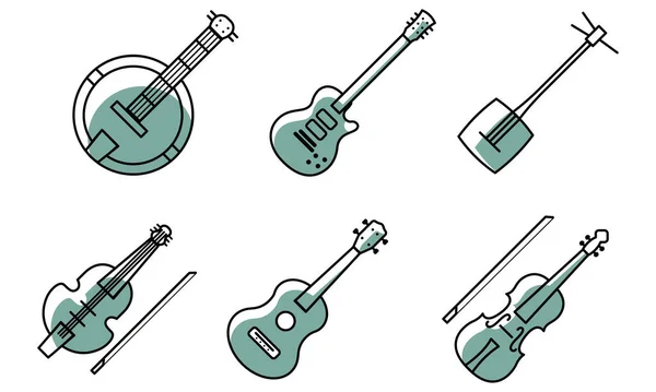 Conjunto Diferentes Ícones Instrumentos Musicais Ilustração Vetorial — Vetor de Stock