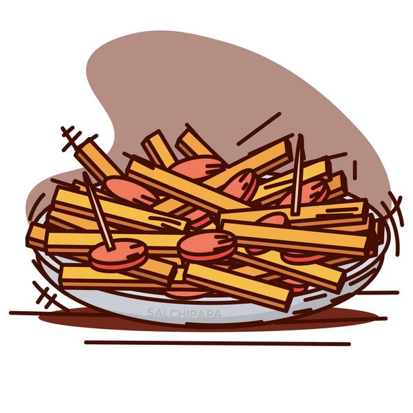 Salsicha Retro Colorido Isolado Batatas Fritas Esboço Imagem Vector Ilustração — Vetor de Stock